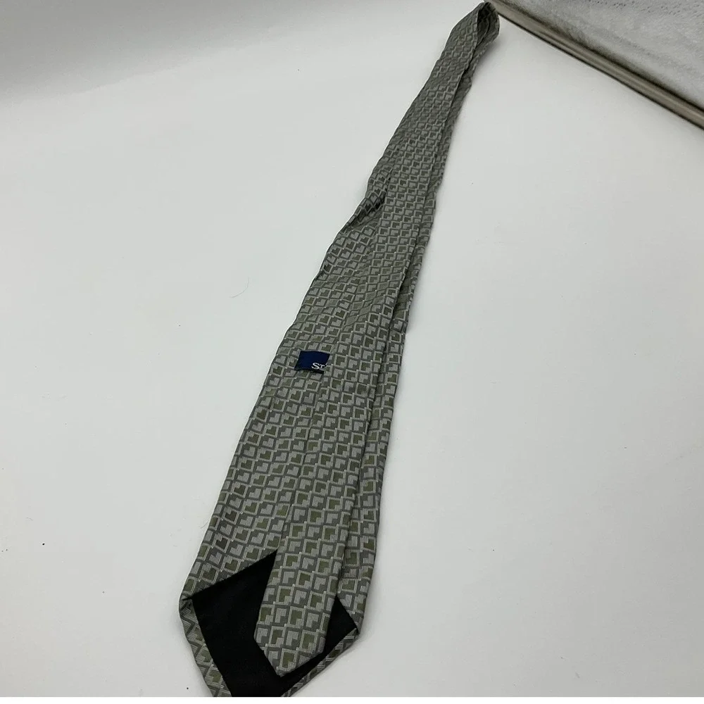 Stafford Necktie Mens Olive Green Grey Geometric Silk Classic Formal Accessory